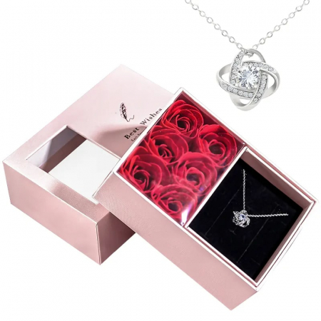 Aranjamente florale - Set trandafiri din sapun si lantisor cu pandantiv cu pietre zirconiu, placat cu aur 18K, cutie depozitare, Tessero