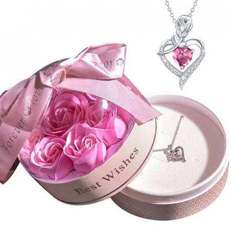 Aranjamente florale - Set trandafiri roz din sapun si lantisor cu pandantiv in forma de inima cu trandafir, placat cu aur 18K, cutie depozitare in forma sferica, punguta, Tessero