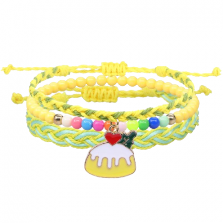 Bijuterii dama - Set trei bratari tip snur din textil impletit si margele, realizat manual, marime reglabila, charm-uri animate, Tessero, galben