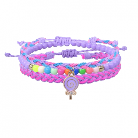 Bijuterii dama - Set trei bratari tip snur din textil impletit si margele, realizat manual, marime reglabila, charm-uri animate, Tessero, mov