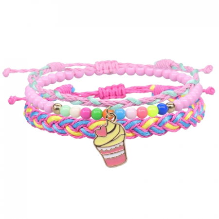 Bijuterii dama - Set trei bratari tip snur din textil impletit si margele, realizat manual, marime reglabila, charm-uri animate, Tessero, roz