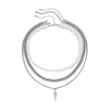 Bijuterii barbati - Set trei lantisoare Punk din otel inoxidabil, unisex, model Cuban Chain, lantisor cu pandantiv in forma de pana, colier din perle, placat cu argint, Tessero, argintiu