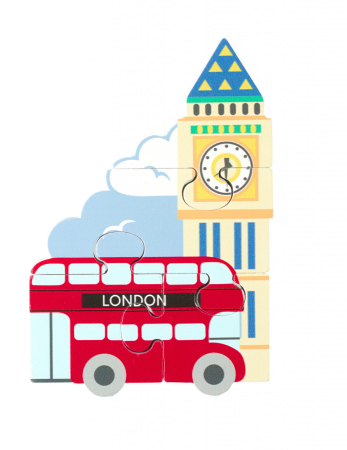 Jucării Montessori - Jucarie Montessori mini puzzle din lemn autobuzul londonez, Orange Tree Toys
