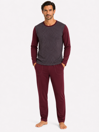 Pijamale Lungi Barbati - Pijama Bărbați Bordo Bumbac 100%