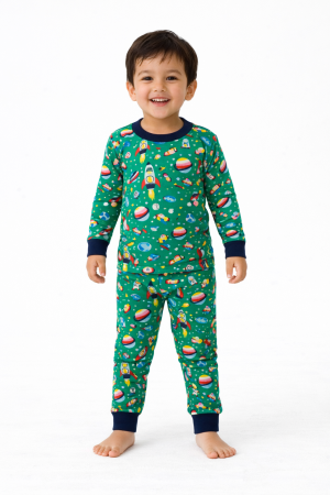 Pijamale Lungi Copii - Pijama Bebe Cosmos Verde Bumbac