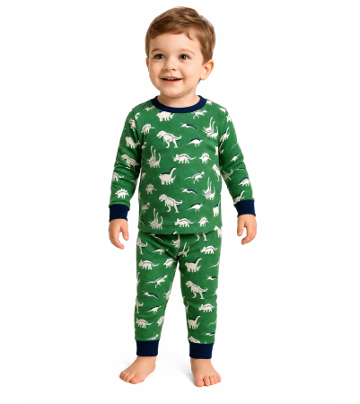 Pijamale Lungi Copii - Pijama Bebe Dino Verde Bumbac