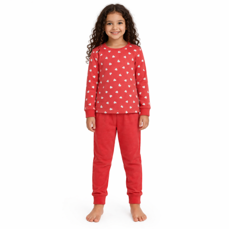 Pijamale Lungi Copii - Pijama Copii  Bumbac Corai cu Inimioare