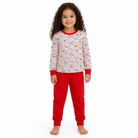 Pijamale Lungi Copii - Pijama Copii  Bumbac Roșie cu Floricele