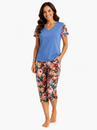 Pijamale Scurte Dama - Pijama Damă Albastră 3/4 model Floral