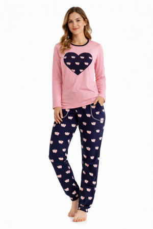 FEMEI - Pijama Damă Inimioare Roz din Bumbac 100%