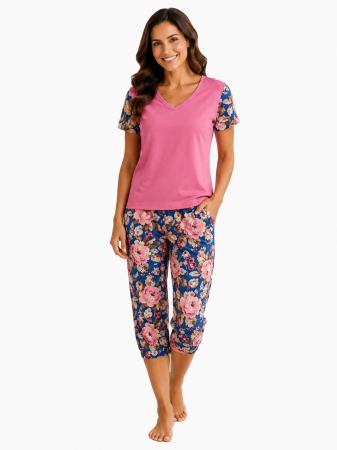 Pijamale Scurte Dama - Pijama Damă Roz 3/4 model Floral
