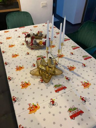 Craciun - Fata de masa Craciun, 100% bumbac, 220g/mp, model X-mas on the road, Gecor