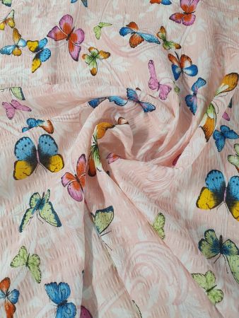 Tesaturi & metraje - Tesatura imprimata creponata, model fluturi, Gecor, latime 220 cm, 120 gr / mp