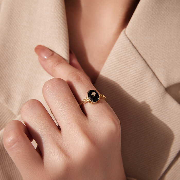 Inel reglabil din Argint Black Onyx Placat cu Aur [8]