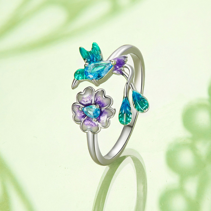 Inel reglabil din Argint Flower & Colibri [4]