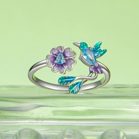 Inel reglabil din Argint Flower & Colibri [2]