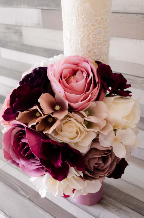 Lumanari decorate cu bujori grena, ivoar si pastel [5]