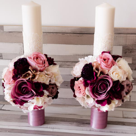 Lumanari decorate cu bujori grena, ivoar si pastel [0]