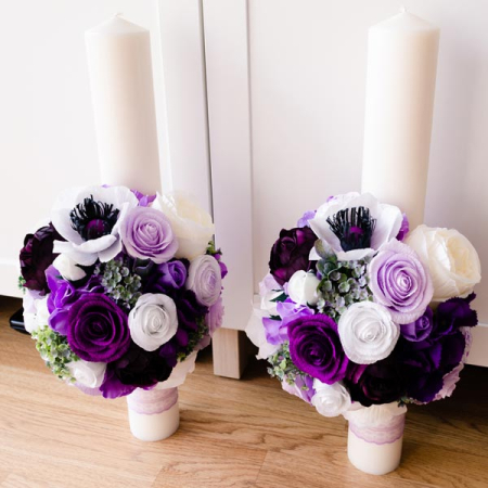 Lumanari decorate cu flori din hartie mov, lila si albe [0]