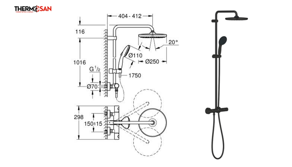 Baterie dus / coloana dus GROHE Tempesta System 250 cu termostat - palarie de dus + para mobila cu 2 functii, negru mat [2]