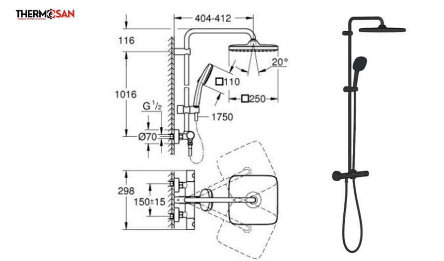 Baterie dus / coloana dus GROHE Tempesta System 250 CUBE cu termostat - palarie de dus + para mobila cu 2 functii, negru mat [2]