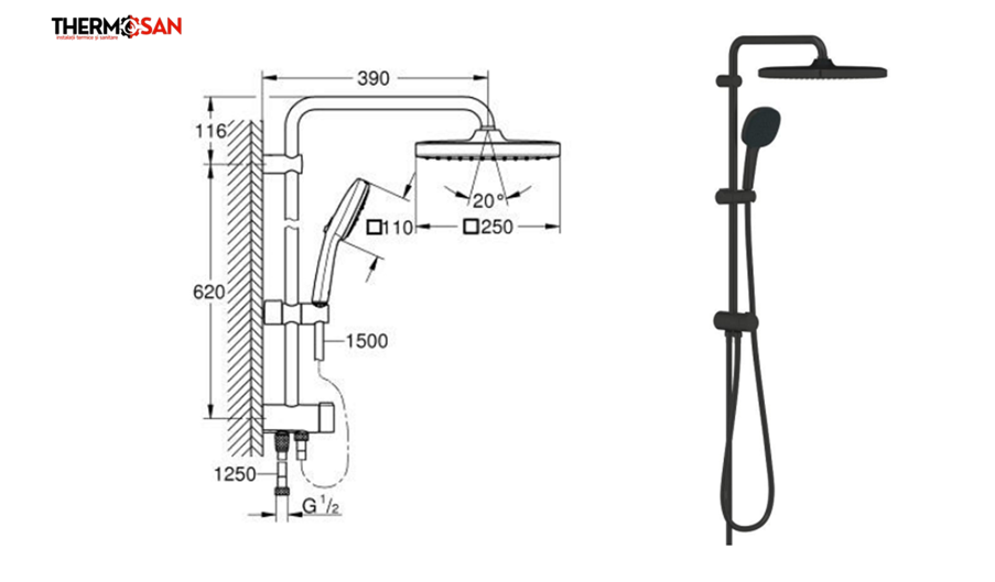 Set dus cu divertor GROHE Tempesta System 250 CUBE - palarie de dus + para mobila, negru mat [2]