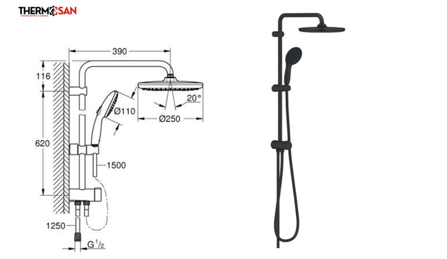 Set dus cu divertor GROHE Tempesta System 250 - palarie de dus + para mobila, negru mat [2]
