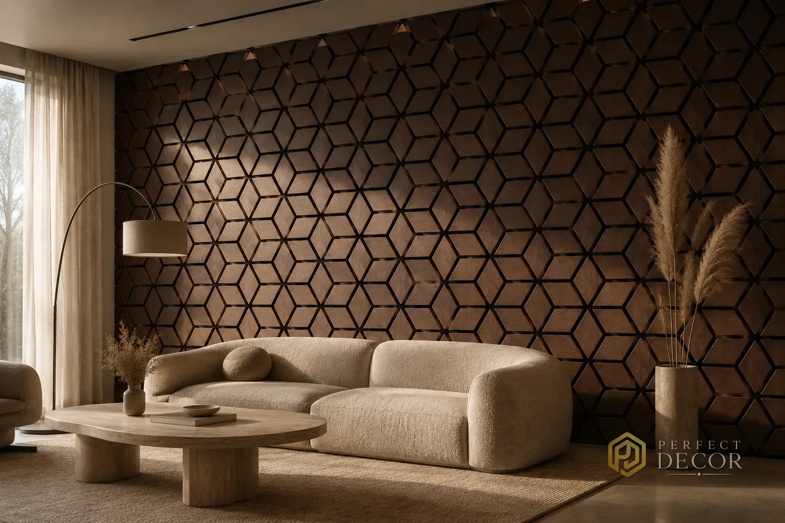 Riflaje decorative - Riflaj acustic WPC 3D hexagon lemn închis, 610×700 mm (12068)