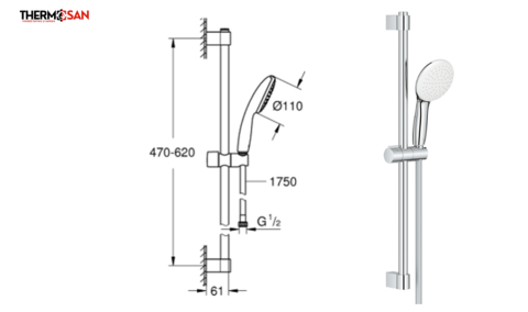 Set dus GROHE Tempesta 110 - bara reglabila 600 mm, para de dus cu 3 functii, furtun 1750 mm [1]