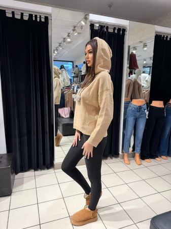 Pulovere - Pulover cu glugă bej