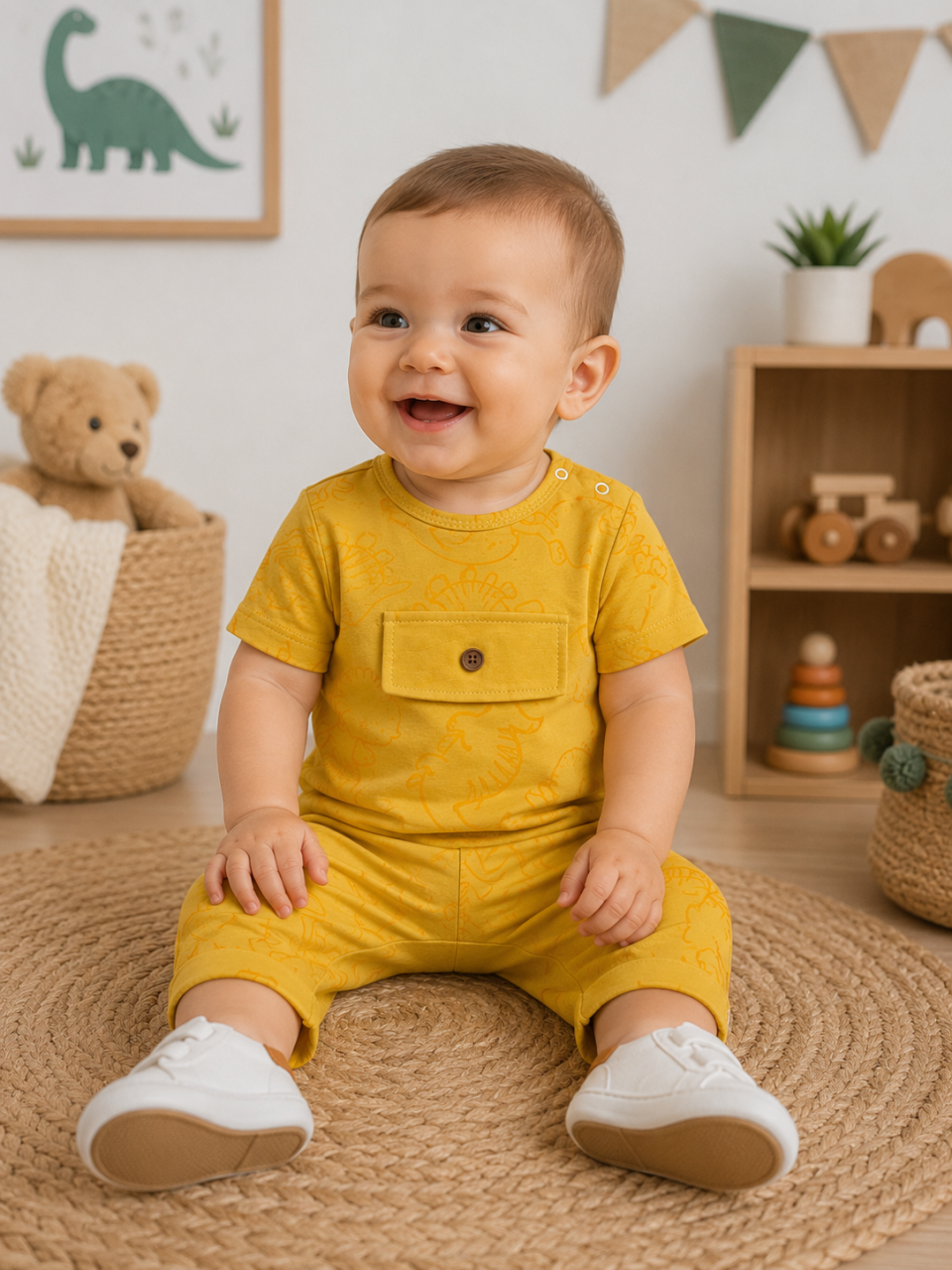 Compleu copii cu dinozauri, tricou și pantaloni scurți maro [2]