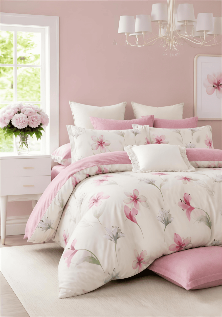 Lenjerie de pat finet 6 piese Flori Roz Pastel 220x230 cm [3]