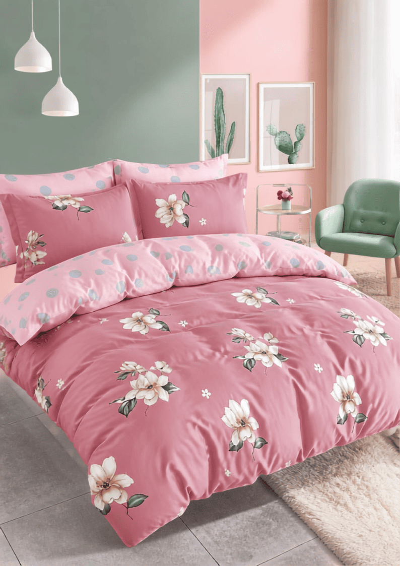 Lenjerie de pat finet 6 piese Roz cu Flori Albe 220x230 cm [2]