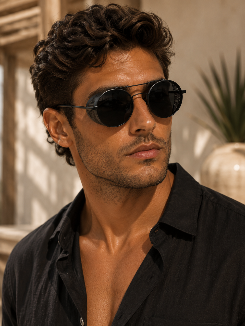 Ochelari de Soare Unisex Rotunzi Negri cu Protecții Laterale UV400 [2]