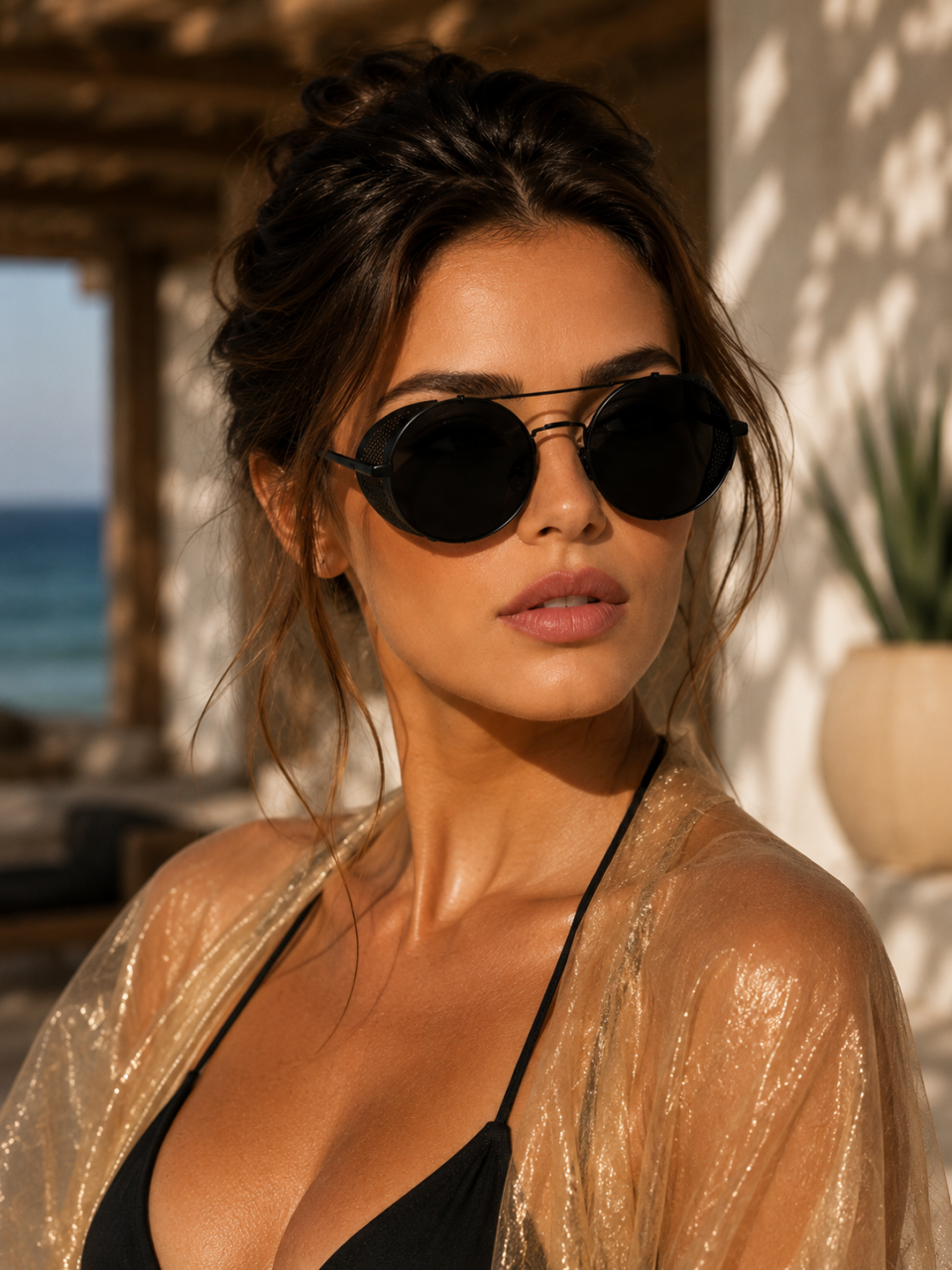 Ochelari de Soare Unisex Rotunzi Negri cu Protecții Laterale UV400 [3]