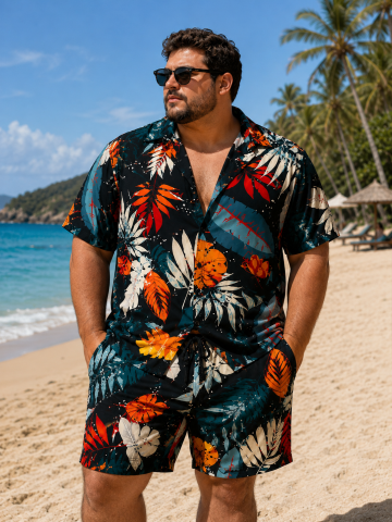 Summer Essentials - Compleu bărbătesc Big & Tall Tropical Noir cu cămașă și pantaloni scurți