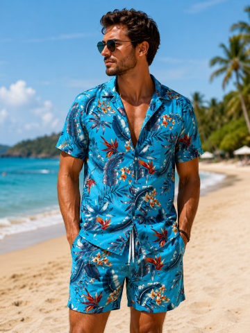 Summer Essentials - Compleu bărbătesc Hawaii Blue cu cămașă și pantaloni scurți