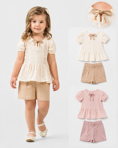 Fete - Compleu bebe fete bluza brodata si pantaloni scurti crem