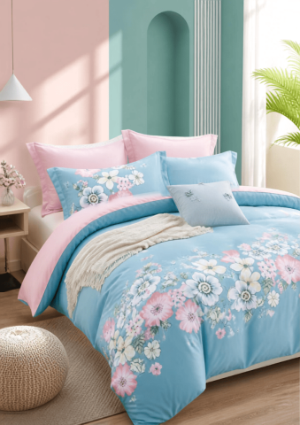 Lenjerii Modele Clasice 6 Piese - Lenjerie de pat finet 6 piese Albastru Floral 220x230 cm