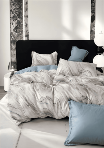 Lenjerii Modele Clasice 6 Piese - Lenjerie de pat finet 6 piese Marmură Gri-Albastru 220x230 cm