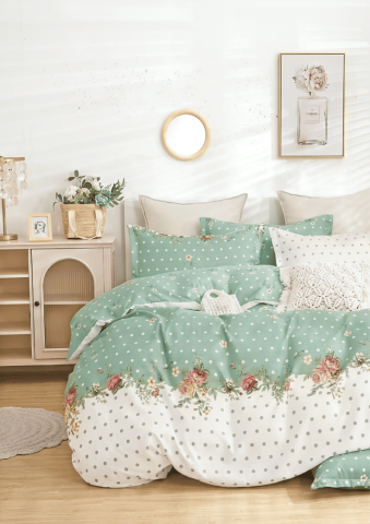 Lenjerii Modele Clasice 6 Piese - Lenjerie de pat finet 6 piese Mint cu Buline și Flori 220x230 cm