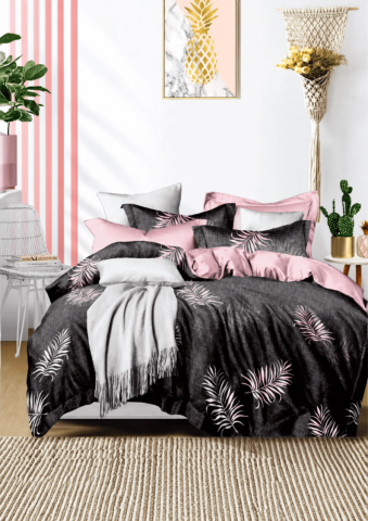 Lenjerii Modele Clasice 6 Piese - Lenjerie de pat finet 6 piese Negru cu Frunze 220x230 cm
