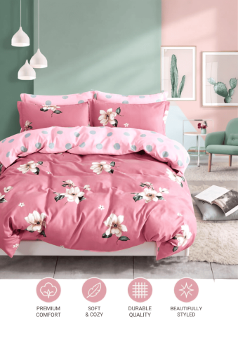 Lenjerii Modele Clasice 6 Piese - Lenjerie de pat finet 6 piese Roz cu Flori Albe 220x230 cm