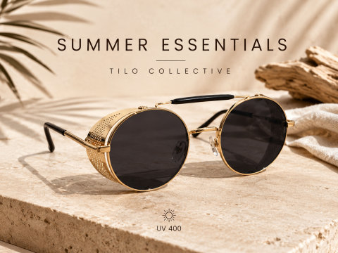 Summer Essentials - Ochelari de Soare Unisex Rotunzi Aurii cu Protecții Laterale