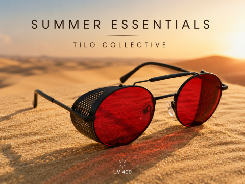 Summer Essentials - Ochelari de Soare Unisex Rotunzi Negri cu Lentile Roșii