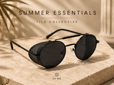 Summer Essentials - Ochelari de Soare Unisex Rotunzi Negri cu Protecții Laterale UV400
