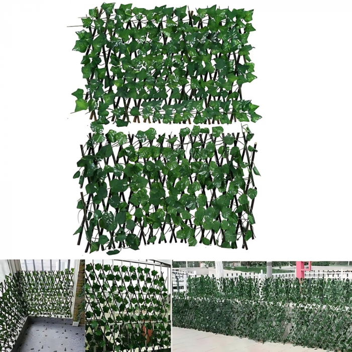 Gard/paravan lemn cu frunze artificiale, design pentru balcoane, terase, zone decorative in curte, piscine, geamuri, scari, extensibil, 100 x 200 cm, verde [4]