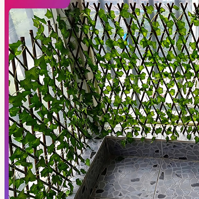Gard/paravan lemn cu frunze artificiale, design pentru balcoane, terase, zone decorative in curte, piscine, geamuri, scari, extensibil, 100 x 200 cm, verde [2]
