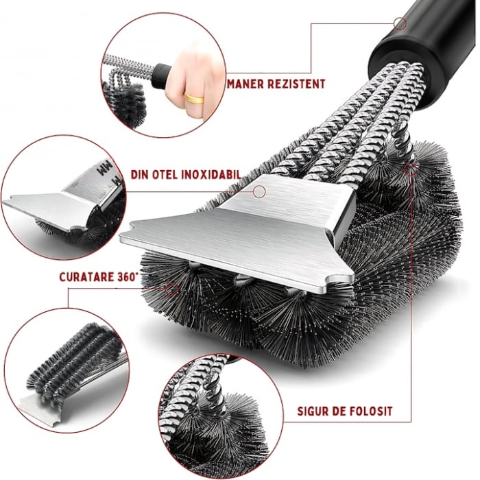 Perie gratar 2 in 1, design practic, functional, material Premium, inoxidabil, rezistent, durabil, racleta si perie, neagru [3]