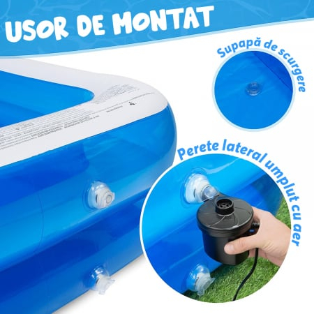 Piscina Gonflabila Dreptunghiulara 201x150x45 cm, pentru Adulti sau Copii 3+ Ani, Ideala pentru Curte, Gradina, Interior si Exterior, Cu Baza Podea Moale, Usor de Instalat, 2 Straturi [9]